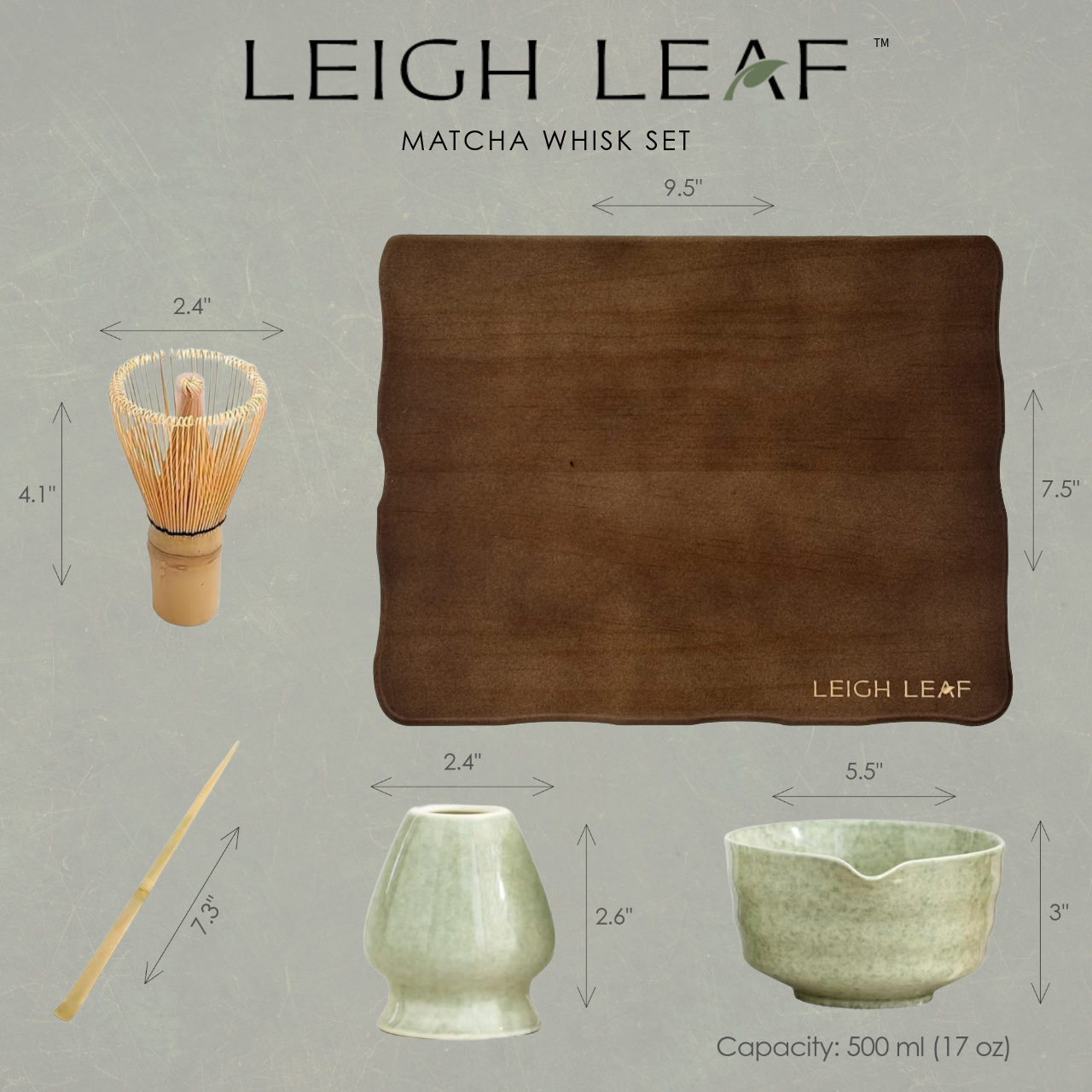 Detailed dimensions of the Leigh Leaf 5 Piece Matcha Whisk Set with Wooden Display Board, highlighting the bamboo whisk and matcha bowl for tea enthusiasts.