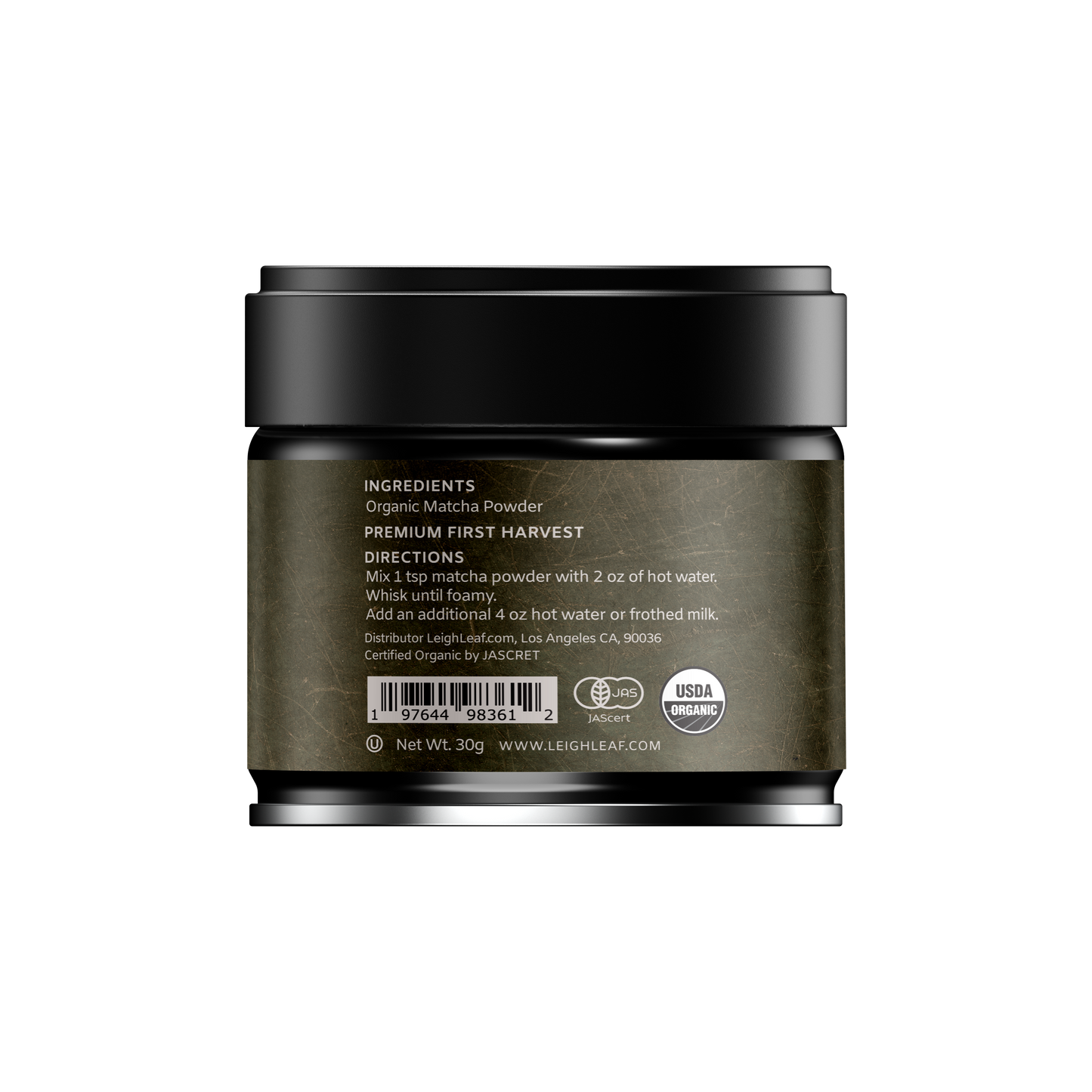 Close-up of Premium Organic Ceremonial Grade Matcha Tins by Leigh Leaf, capturing the sleek design and organic matcha goodness inside.