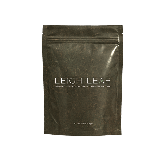 High-quality Premium Organic Ceremonial Grade Matcha - 50g Bag by Leigh Leaf, showcasing vivid green powder indicative of its superior quality and rich umami flavor.